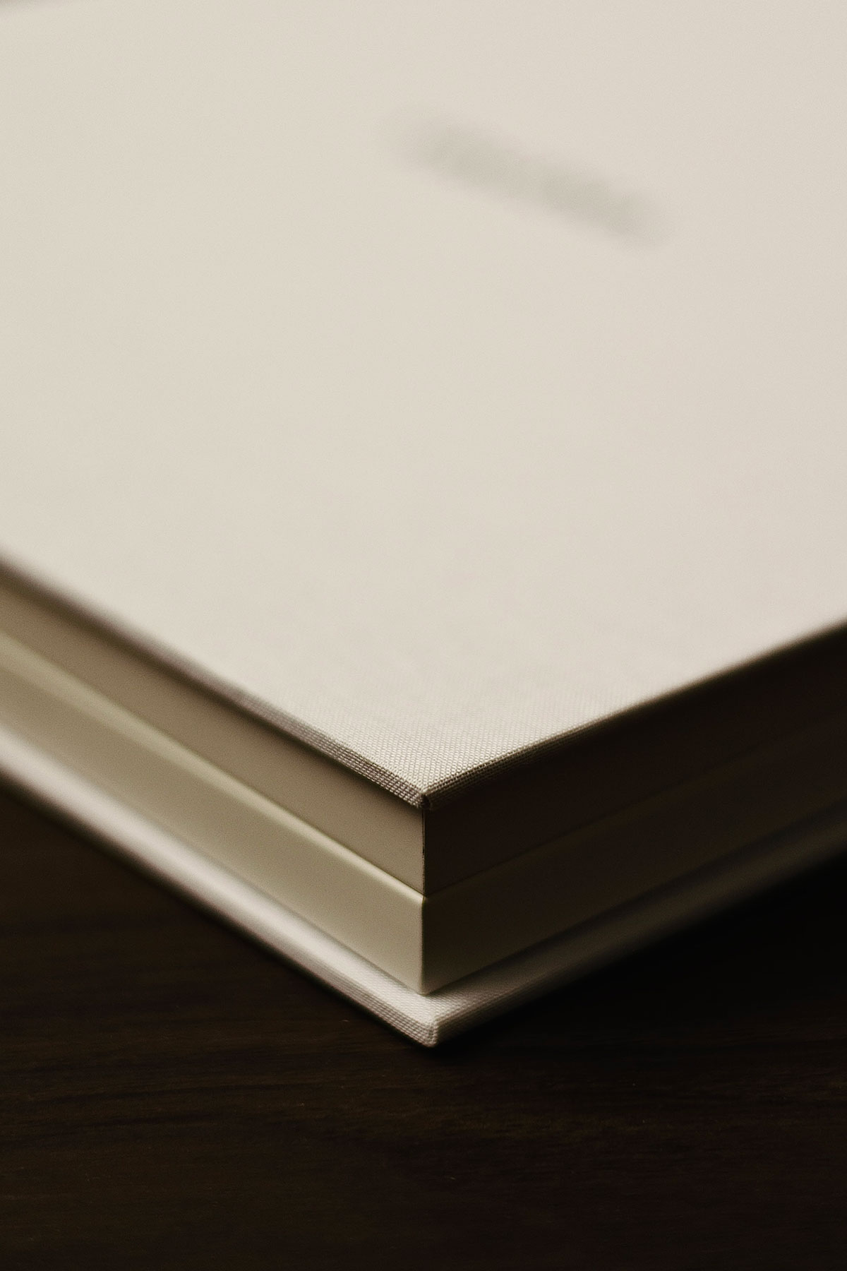 Caixa de álbum fotográfico premium em tecido claro com acabamento minimalista