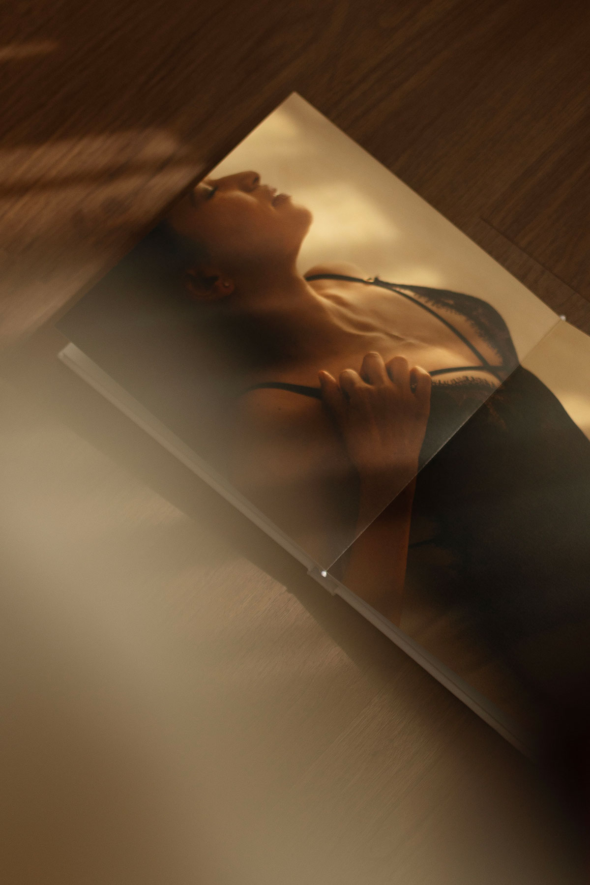 álbum fotográfico de uma mulher de lingerie com um retrato ocupando duas paginas